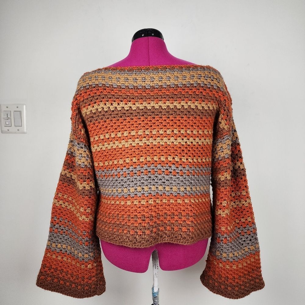 New Handmade Crochet Crop Sweater Boho Multicolor Striped Boat Neck Pullover OS - Picture 4 of 15